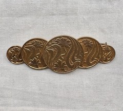 Vintage Art Nouveau Brass Brooch Floral Medallions Trombone Clasp 1910s 16g