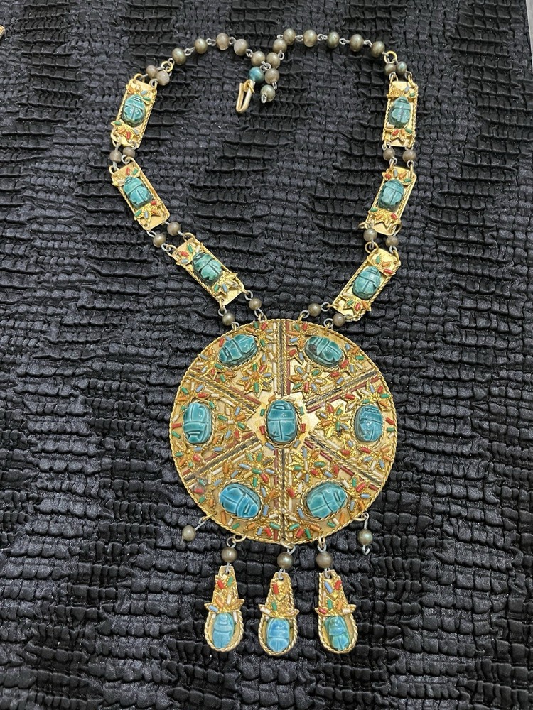 Vintage Egyptian Revival Pectoral Statement Necklace Glaze Soapstone Scarab Gilt