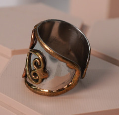Brutalist Mixed Metal Ring Size 7 — Christian Copper and Brass Scrollwork Cross