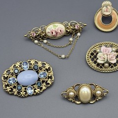 Vintage 1928 Jewelry Lot Ceramic Rose Flower Rhinestone Victorian Faux Pearl