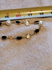 Vintage Gold-plated Bezel Set Clear Black Faux Pearl Necklace 36-in