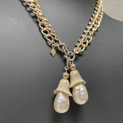 Vintage Sarah Coventry Fashion Parade Gold Tone Chain Faux Pearl Tassel Necklace