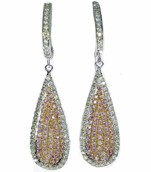 LARGE .99CT WHITE & PINK DIAMOND 18KT WHITE & ROSE GOLD 3D PAVE HANGING EARRINGS