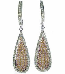 LARGE .99CT WHITE & PINK DIAMOND 18KT WHITE & ROSE GOLD 3D PAVE HANGING EARRINGS