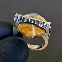 Vintage 925 Sterling Silver Brutalist Ring Raw Tiger Eye Modernist Statement