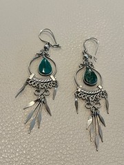 Artisan Dark Green Stone Malachite Tear Drop Silver Tone Metal Spike Earrings