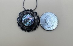 Vintage 925 Sterling Silver Round Abalone Shell Pendant Necklace
