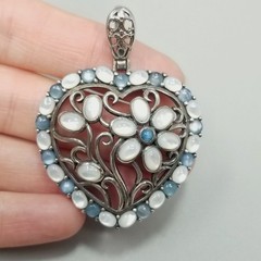 Vintage Sterling Silver Floral Heart Pendant Blue Glass Cabochon Filigree 2 Inch