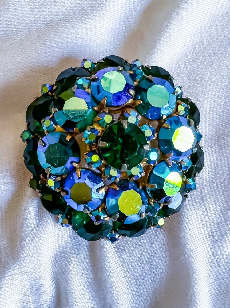Stunning Vintage Large Emerald Green & Peacock AB Rhinestone Brooch Designer