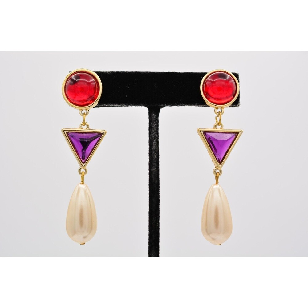 Vintage Cabochon 2.5″ Dangle Earrings Red Purple Pearl Drop Gold 80s 1980s BinAZ