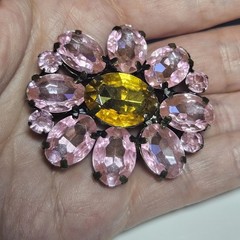 Gold Tone Pink And Yellow Flower Rhinestone Brooch