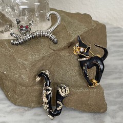 Vtg RHINESTONE CAT BROOCH LOT Gold Tone Saxophone Music MID CENTURY MODERN MCM