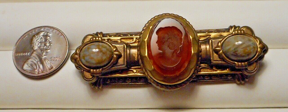 Vintage Victorian Revival Glass Lady Intaglio & Cabochon Brass Bar Pin Brooch