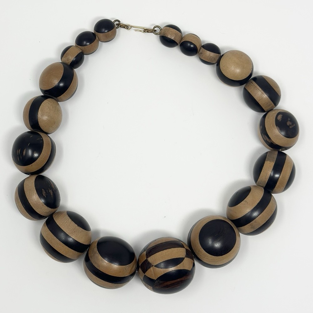 Vintage 1970s Light Dark Brown Striped Chunky Round Wooden Beaded Necklace 18”