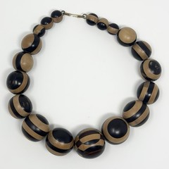 Vintage 1970s Light Dark Brown Striped Chunky Round Wooden Beaded Necklace 18”