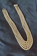 Vtg MARVELLA 5 Strand Champagne Color Faux PEARL NECKLACE – Rhinestone Clasp