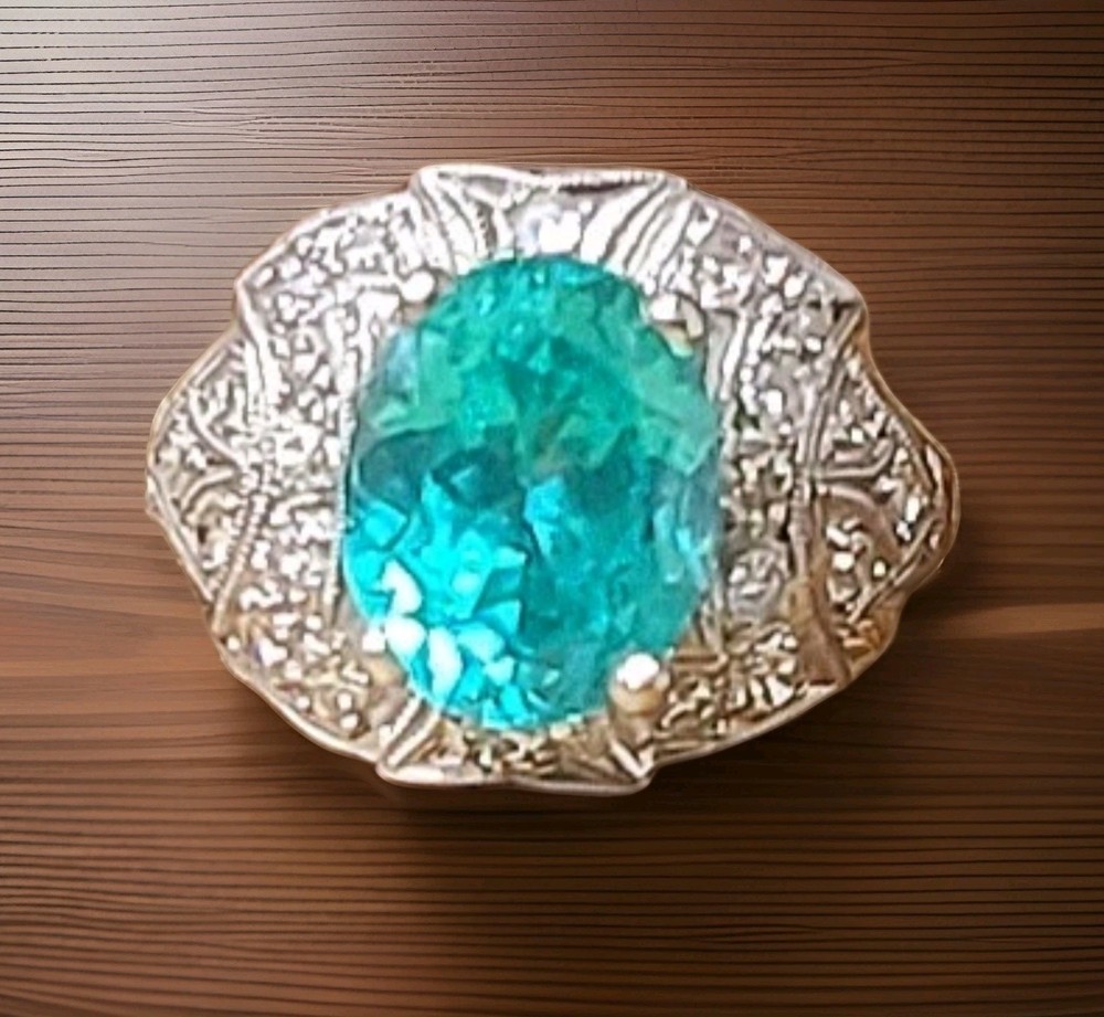 Vintage Filigree Platinum Engagement Ring 4.10ct. Blue Neon Tourmaline Oval Cut