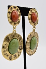 Vintage Cabochon Clip Earrings Antiqued Gold Burnt Rust Green Chunky 80s BinA13