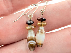 Vintage Sterling Silver Blown Glass Beads and Tigers Eye Hook Earrings 1g 1.25In