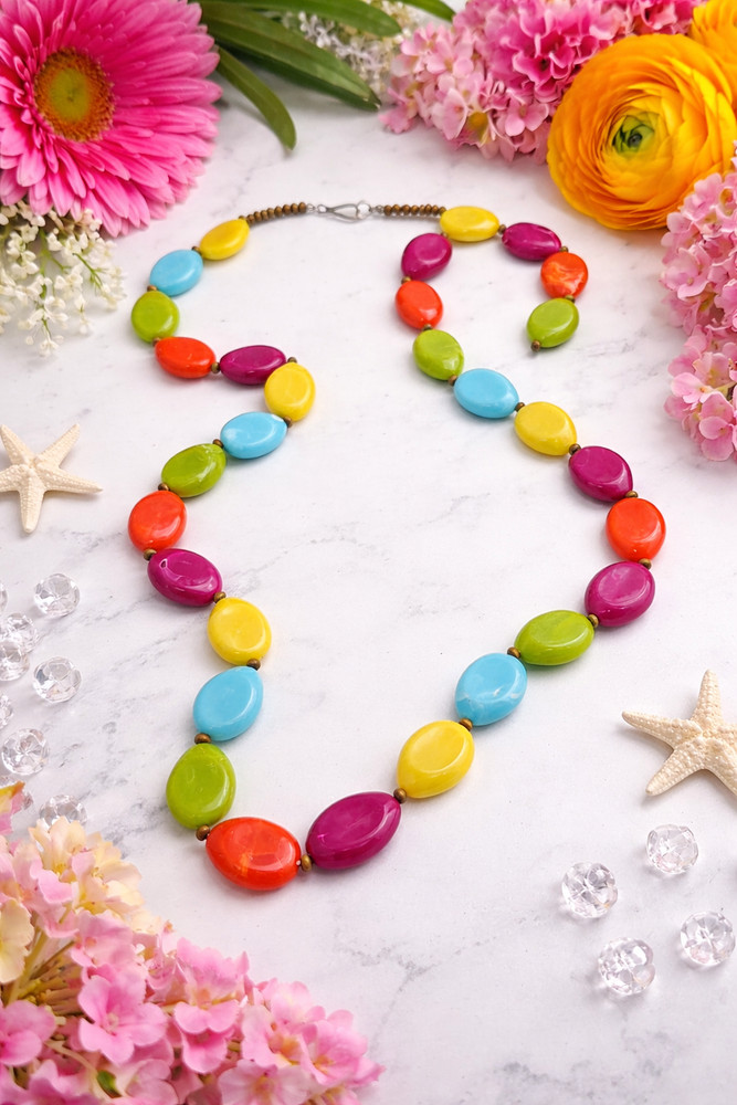 Vintage Lucite Necklace Colorful Marbled Oval Beads 36 In Fruit Salad Statement