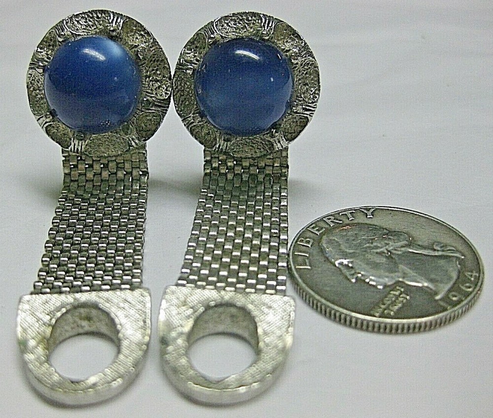 VINTAGE ATOMIC MENS BLUE GEM SILVER WRAP AROUND MESH Metal Cufflinks EUC 3D DOME