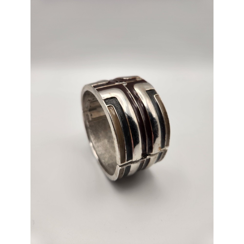 Lanvin Paris Vintage Art Deco Enamel Hinged Cuff Bracelet Silver Brown Black