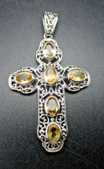 Brazilian Citrine & Filigree Cross Pendant – 2 inches Long