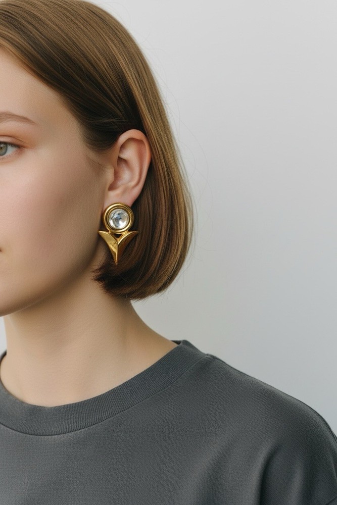 Vintage Gold Tone Clear Cabochon Statement Earrings Pierced Post Geometric