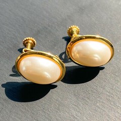 Vintage Napier Earrings Faux Pearl Oval Screw Back Hinged Clip Gold Tone Signed