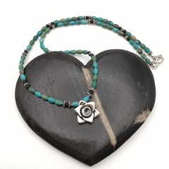 925 Sterling Silver Natural Turquoise & Black Onyx Flower Necklace 20” #42
