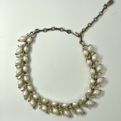 Vintage Lisner Faux Pearl Necklace Signed Rhinestone Floral Silver Tone MCM