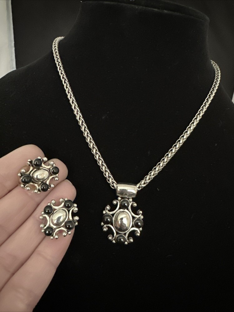 Vintage Silver And Black Necklace And Earrings