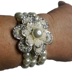 Large Bracelet Rhinestone & Faux Pearl 3 Strand Stretchable Bracelet Silver Tone