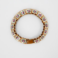 Vintage Hand Painted Enamel Panel Bracelet Pink Roses on White, Book Chain 6.75″
