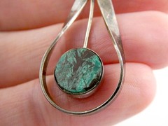 Vintage Sterling Silver Chrysocolla Flat Top Cabochon Drop Pendant 925 3.1g