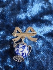 Vintage Silver Brooch Tea Pot Blue White Bow Jewlery