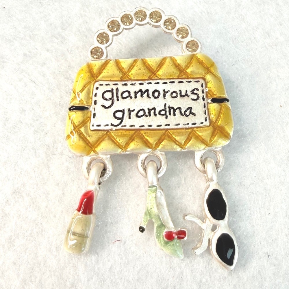 AJMC Glamorous Grandma Purse Brooch Rhinestone Dangle Charm Pin VTG