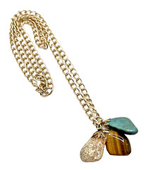 Vintage Organic Semi Precious Stone Pendant Necklace Gold Tone Dangles 30″