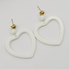 White Heart Open Center Bead Drop Dangle w Ball Stud Gold Tone Vintage Earrings