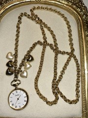 Vintage Carolee Pocket Watch Pendant Necklace Pearl Heart Charms Gold Tone 34”