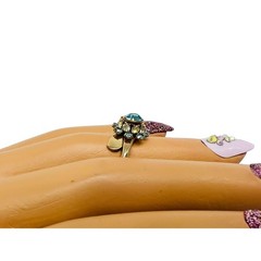 Vintage Cocktail Ring Blue & Clear Rhinestone Gems Gold Tone Bypass Band sz 5.5