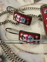Vintage Russian Finfit Hand Painted Enamel Pillbox Locket & Earring Set