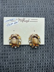 VTG West Germany Orange and Brown Porphyry Glass Rhinestone and Pearl Earrings
