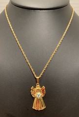 Beautiful Avon Vintage Gold Tone Angel With Blue Rhinestone Pendant Necklace
