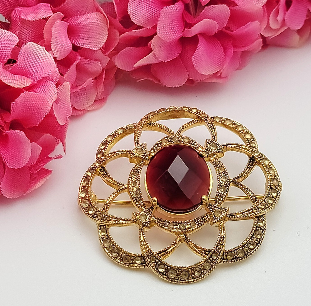Vintage Monet Flower Brooch Gold Tone Clear And Red Rhinestone 45 mm Signed