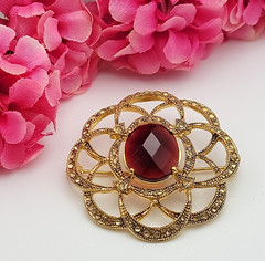 Vintage Monet Flower Brooch Gold Tone Clear And Red Rhinestone 45 mm Signed
