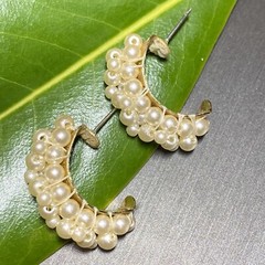 Vintage Pearl Half Hoop Earrings Estate Jewelry Pre-Owned Wrapped Unusual Huggie