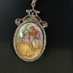 Large Beautiful Vintage LIMOGES FRANCE Cameo Necklace Courting Couple Porcelain