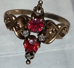 Antique Edwardian Rose Gold Ring 2 Red Zircons, 4 Diamonds Size 6.5