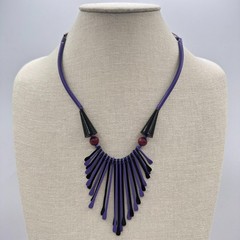 Vintage 80s Purple & Black Waterfall Spiked Wooden Beaded Bib Necklace Jewelry